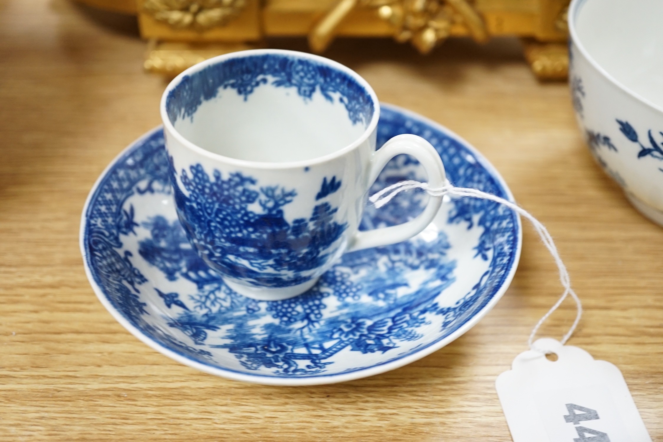 A Worcester teabowl and saucer printed with the Bat pattern, a coffee cup and saucer with the Argument pattern, another with the Fence pattern and a similar bowl and a very interesting pearlware bowl